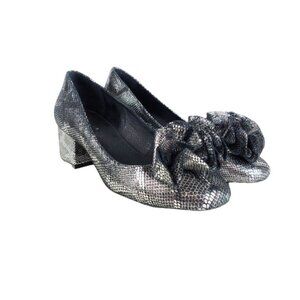 Cecelia New York Lilly Pumps Silver Metallic Snake Rosette Block Heel Size 6.5